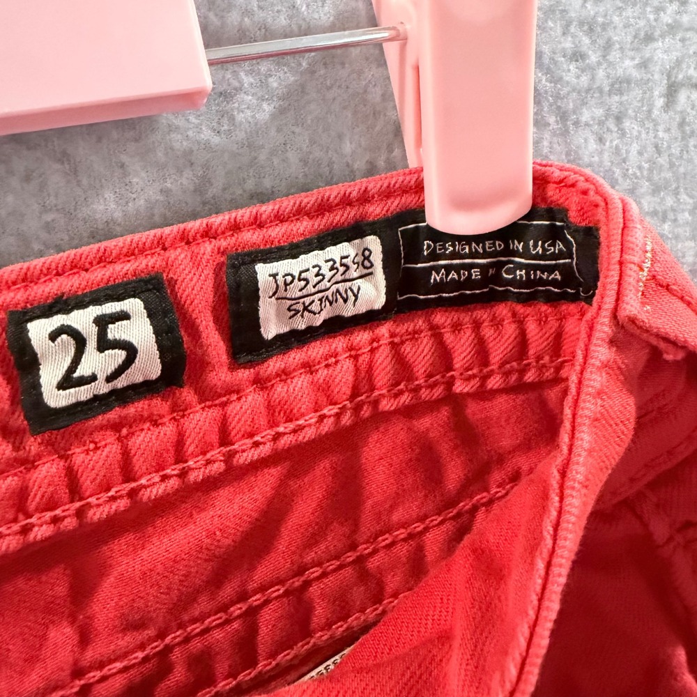 Vintage Y2K Miss Me Red Denim Shorts Embellished Rhinestone Flap Pocket Size 25 - Picture 5 of 7